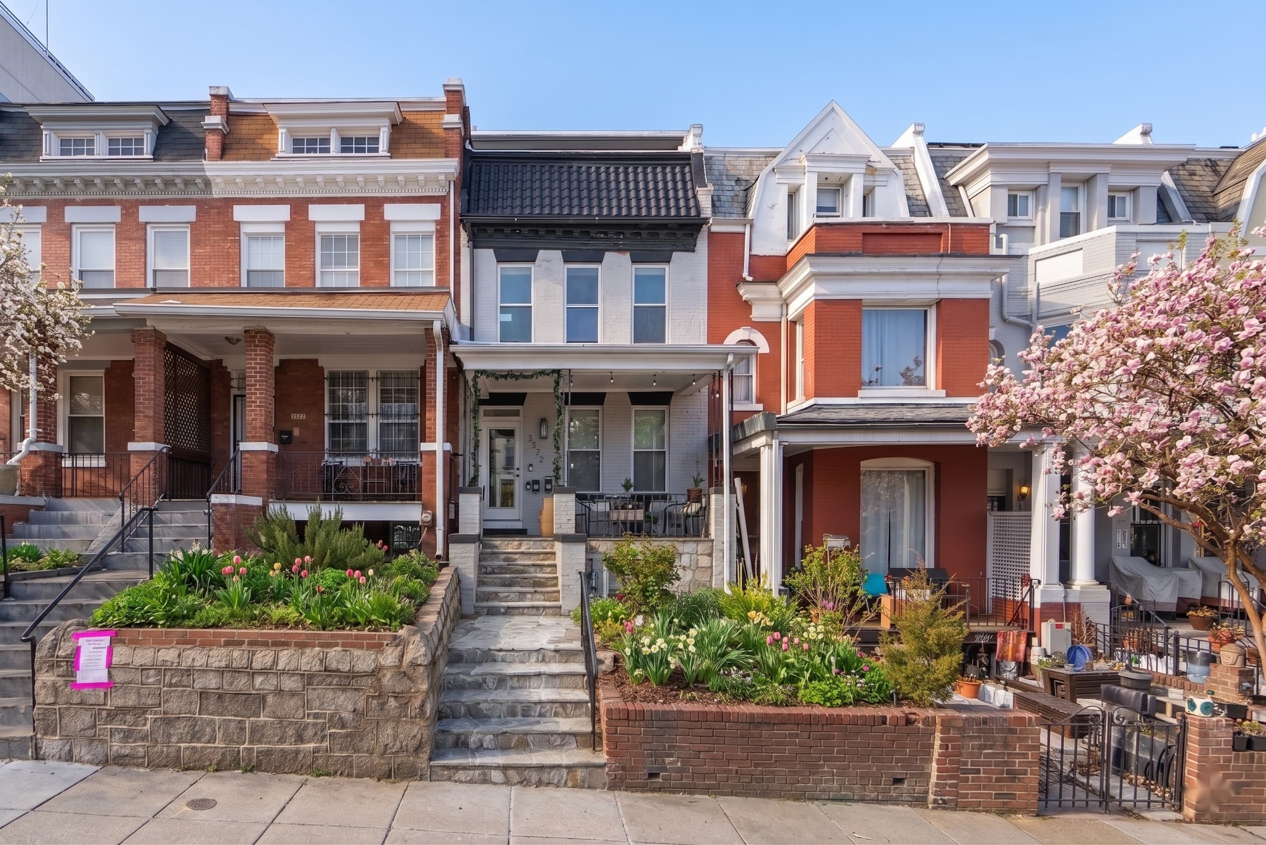 Front exterior of 3572 13th St NW #2, a Columbia Heights condo in Washington DC, with tree-lined street view